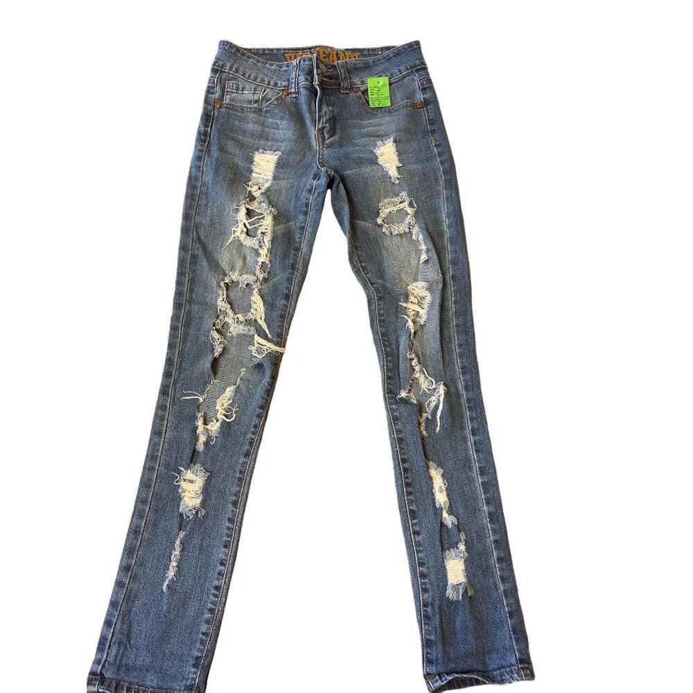 Ripped Distressed VIP Jeans Straight Leg Denim Size 0 Machine Washable 98% Cotto